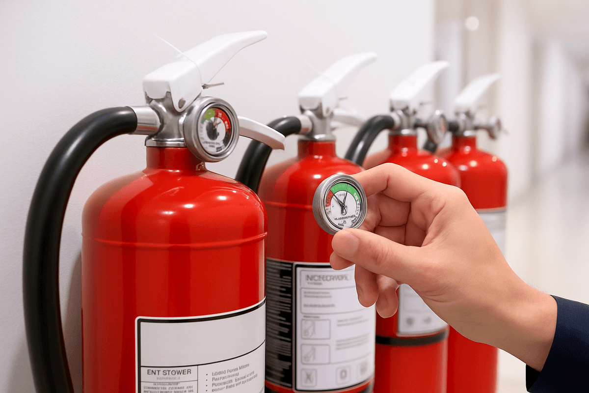 Fire extinguisher being serviced by a trained professional