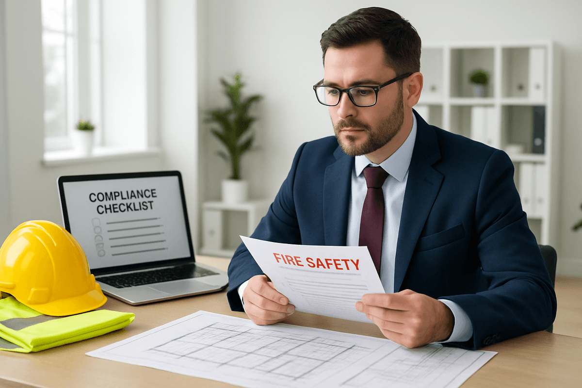 Fire safety consultant advising a business owner